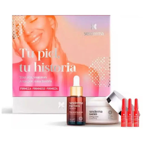 Sesderma Firmness Factor G and Daeses skincare set with five pieces, featuring jars and bottles, on a white background.