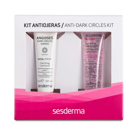 Sesderma anti-dark circles kit with Angioses and Glicare products, featuring skincare bottles and applicators on a clean background.