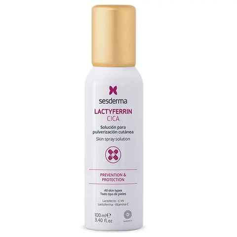 Sesderma Lactyferrin Cica 100ml bottle, a skincare product with a white pump dispenser, on a neutral background.