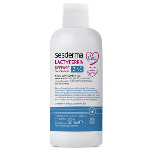 Sesderma Lactyferrin Defense Zinc supplement in a 500ml bottle, displayed next to the product packaging.