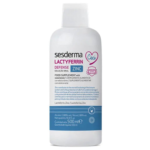 Sesderma Lactyferrin Defense Zinc 500ml bottle, featuring clear label and cap, on a neutral background.