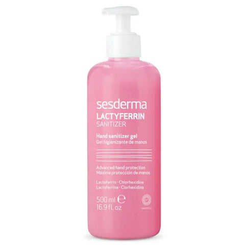 Sesderma Lactyferrin Hygienising Gel in a 500ml pump bottle, featuring clear gel with labeling, by Jag Couture London New York.