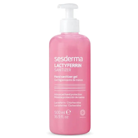 Sesderma Lactyferrin Hygienising Gel 500ml bottle with pump dispenser, featuring clear labeling and hygienic design.