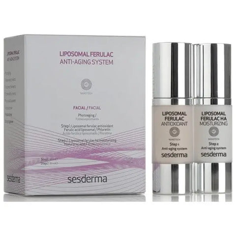 Sesderma Liposomal Ferulac anti-aging system with 2x30ml serum bottles, featuring a sleek design and clear labeling.