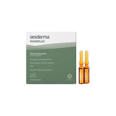 Sesderma Mandelac Moisturising Serum 5 ampoules in glass vials, designed for hydrating and nourishing skin.