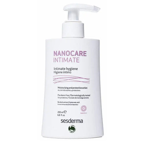 Sesderma Nanocare Intimate Gel in a 200ml tube, designed for intimate skin care, displayed alongside branding details.