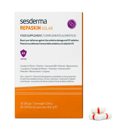 Sesderma Repaskin capsules in a jar, skincare supplement by Jag Couture London New York, with white and gold packaging.