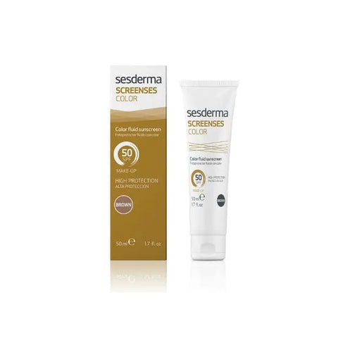 Sesderma Screenses Color Fluid SPF50 Brown in 50ml bottle, featuring a smooth, tinted facial fluid with sun protection.