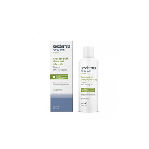 Sesderma Seskavel anti-greasy shampoo and dandruff treatment in 200ml bottle, shown with sleek packaging.