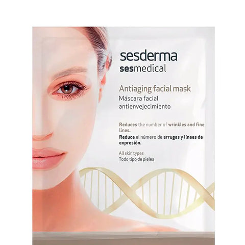 Sesderma Sesmedical anti-aging facial mask displayed on a model's face, highlighting its smooth, rejuvenated skin effect.