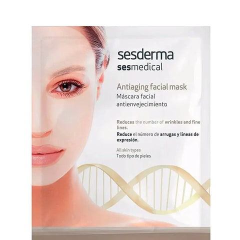 Sesderma Sesmedical anti-aging facial mask with hydrating ingredients, shown in a sleek, white mask on a skincare model.