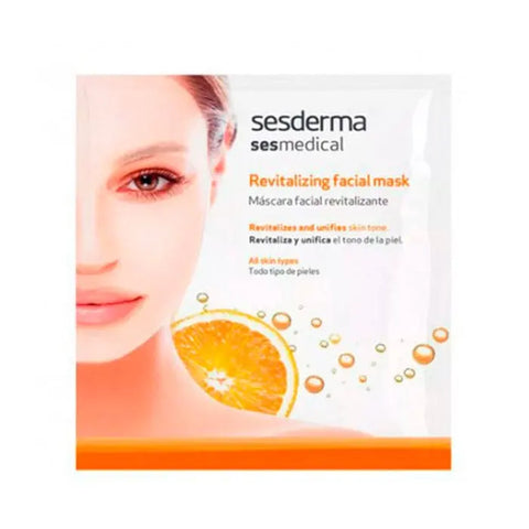 Sesderma Sesmedical revitalizing facial mask on a white background, showing the mask's texture and packaging details.