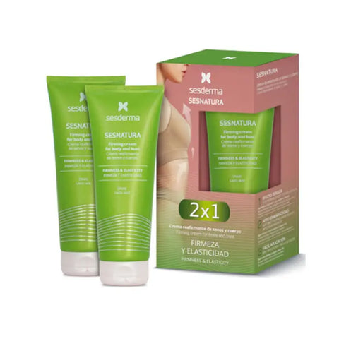 Sesderma Sesnatura firming cream for body and bust in two 200ml jars, featuring smooth cream texture with a white and gold packaging design.