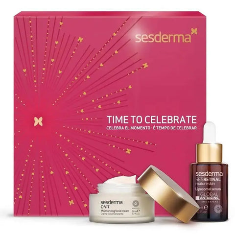 Sesderma Sesretinal Serum and C-Vit Cream set, featuring skincare products with vibrant packaging, displayed on a neutral background.