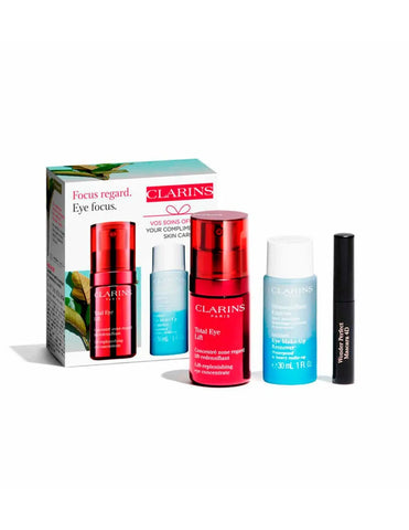 Set includes Clarins Total Eye Lift 15ml, 50ml face oil, Onder Perfect 4D black mascara 3ml from Jag Couture London New York