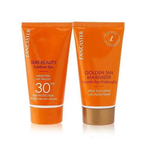 Set of Lancaster Sun Beauty V Milk SPF 30 and Gold Tan Max, 50ml bottles, with packaging and product labels visible.