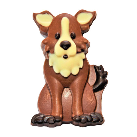 Decorated solid milk chocolate Shep the sheepdog by Jag Couture London, approximately 37-piece sheep-shaped chocolate set.