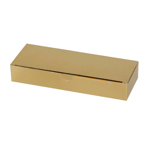 Shiny gold 12-piece chocolate box with locking top from Jag Couture London New York, elegant and secure packaging.
