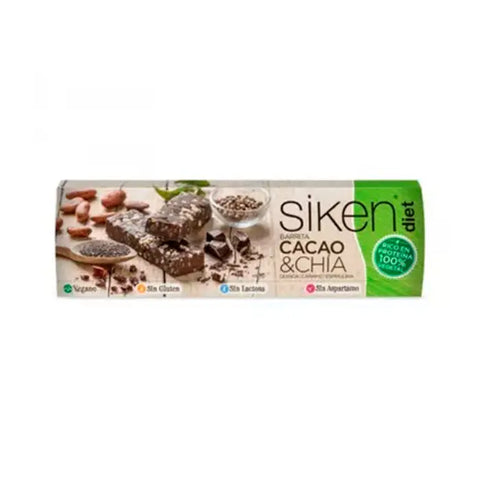 Vegan Cocoa Chia Bar by Siken Diet, packaged snack with chocolate and chia seeds from Jag Couture London New York.