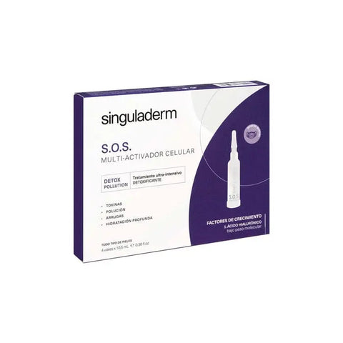 Singuladerm S.O.S. Multi-Cellular Activator Detoxifying Treatment bottles, 4x10.5ml, with sleek packaging from Jag Couture London New York
