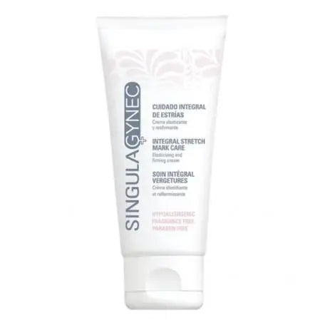 Singuladerm Singulagynec anti-stretch mark cream in 200ml tube, featuring smooth white packaging with blue accents.