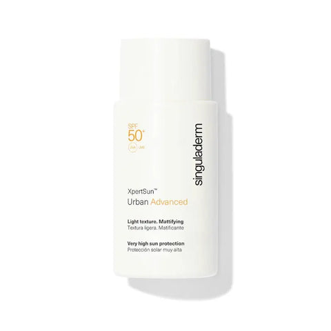 Singuladerm XpertSun Urban Advanced SPF50+ light textured sunscreen in 50ml tube with sleek packaging
