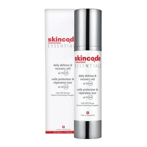 Skincode Essentials Daily Defense & Recovery Veil SPF30 in 50ml with a sleek bottle, designed for daily skin protection and recovery.