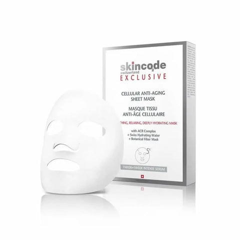 Skincode Exclusive Cellular Anti-Aging Sheet Mask set with five 20ml sachets, designed for youthful skin care.