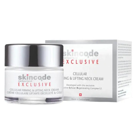 Skincode Exclusive Cellular Firming & Lifting Neck Cream in 50ml jar, featuring smooth, cream texture for youthful neck skin.