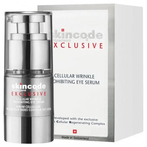 Skincode Eye Contour Serum 15ml shown in a sleek bottle with a pump, designed to reduce puffiness and dark circles around the eyes.