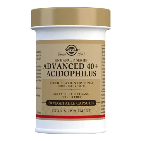 Solgar 40 Plus Acidophilus Advanced probiotic capsules in a bottle, designed for digestive health, by Jag Couture London New York