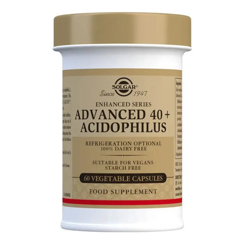 Solgar 40 Plus Acidophilus Advanced probiotic capsules in a bottle, designed for digestive health, by Jag Couture London New York.