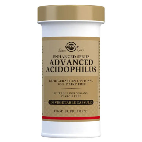 Solgar AcidoPhilus Advanced probiotic capsules in a bottle, featuring 100 capsules, from Jag Couture London - New York.