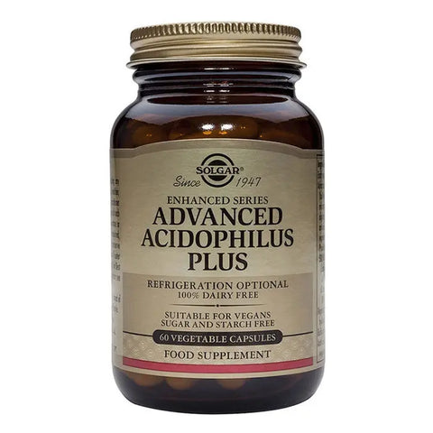 Solgar Advanced Acidophilus Plus supplement in a bottle of 60 capsules, displayed on a clean white surface.