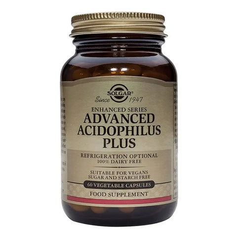 Solgar Advanced Acidophilus Plus 60 capsules bottle with label, featuring probiotic supplement packaging by Jag Couture London New York