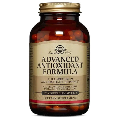 Solgar Advanced Antioxidants supplement in 120 capsules, displayed in a clear bottle with label, on a neutral background.