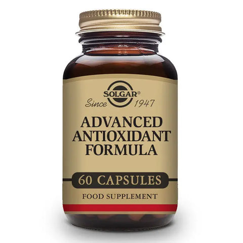 Solgar Advanced Antioxidants supplement in 60 capsules, with colorful labels and capsules, from Jag Couture London New York.
