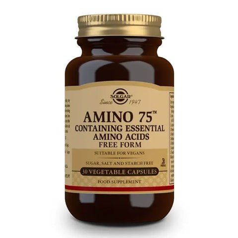 Solgar Amino 75 supplement in 30 capsules, featuring natural amino acids for health and wellness, branded by Jag Couture London New York