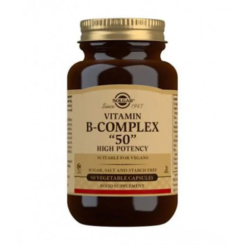 Solgar B Complex 50 capsules in a bottle, dietary supplement by Jag Couture London New York, supporting energy and vitamin B intake.