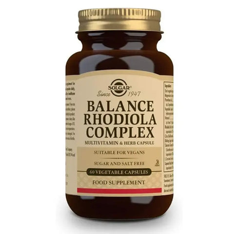 Solgar Balance Rhodiola Complex capsules in a clear bottle, with label showing 60 capsules, by Jag Couture London New York.