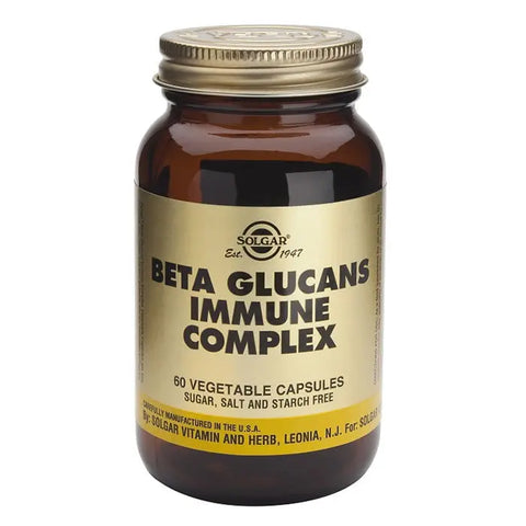 Solgar Beta Glucans Immune Complex supplement capsules, showing a bottle of 60 capsules on a clean white background.
