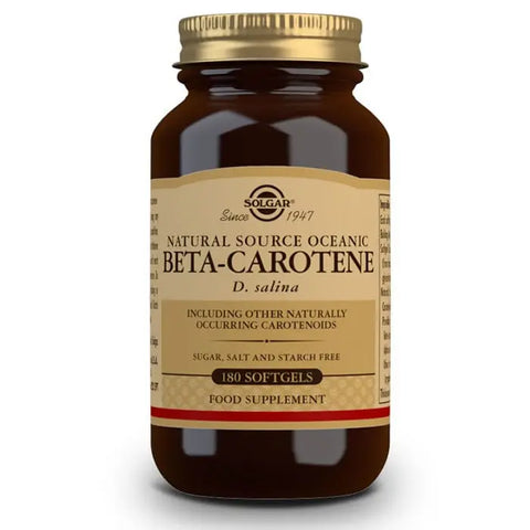 Solgar Beta-carotene 100% 7mg supplement bottles with 180 capsules, displayed on a neutral background.