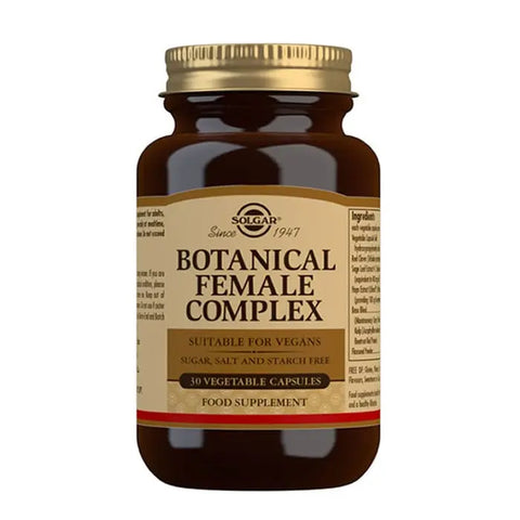Solgar Botanical Female Complex 30 capsules in a white bottle with green label, placed on a neutral background.