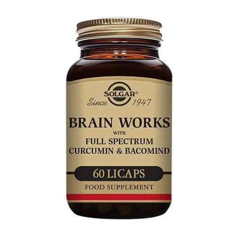 Solgar Brain Works supplement in 60 capsules, featuring natural ingredients to support cognitive health and mental clarity.