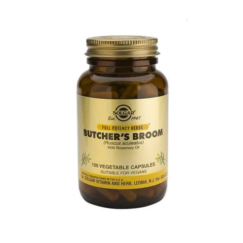 Solgar Butcher's Broom capsules in a bottle, dietary supplement by Jag Couture London New York, 100 capsules for circulation support.