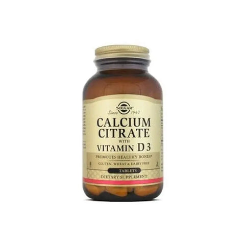 Solgar Calcium Citrate with Vitamin D3 supplement bottle with 240 tablets, featuring white label and blue accents.