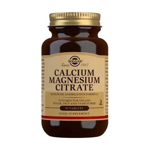 Solgar Calcium Magnesium Citrate bottle with 50 tablets, featuring clear label and supplement packaging on a white background.