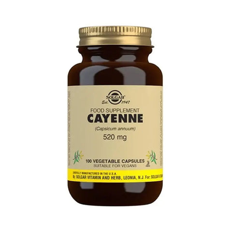 Solgar Cayenne 520mg capsules in a bottle, natural supplement for metabolism and circulation, branded by Jag Couture London New York.