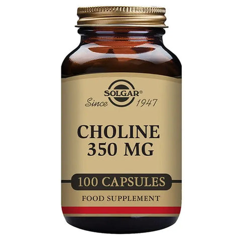 Solgar Choline 350mg supplement in a bottle with 100 capsules, shown with label and capsule details.