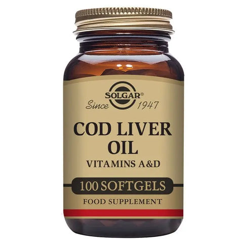 Solgar cod liver oil capsules in a bottle, natural supplement with 100 capsules, on a clean background.